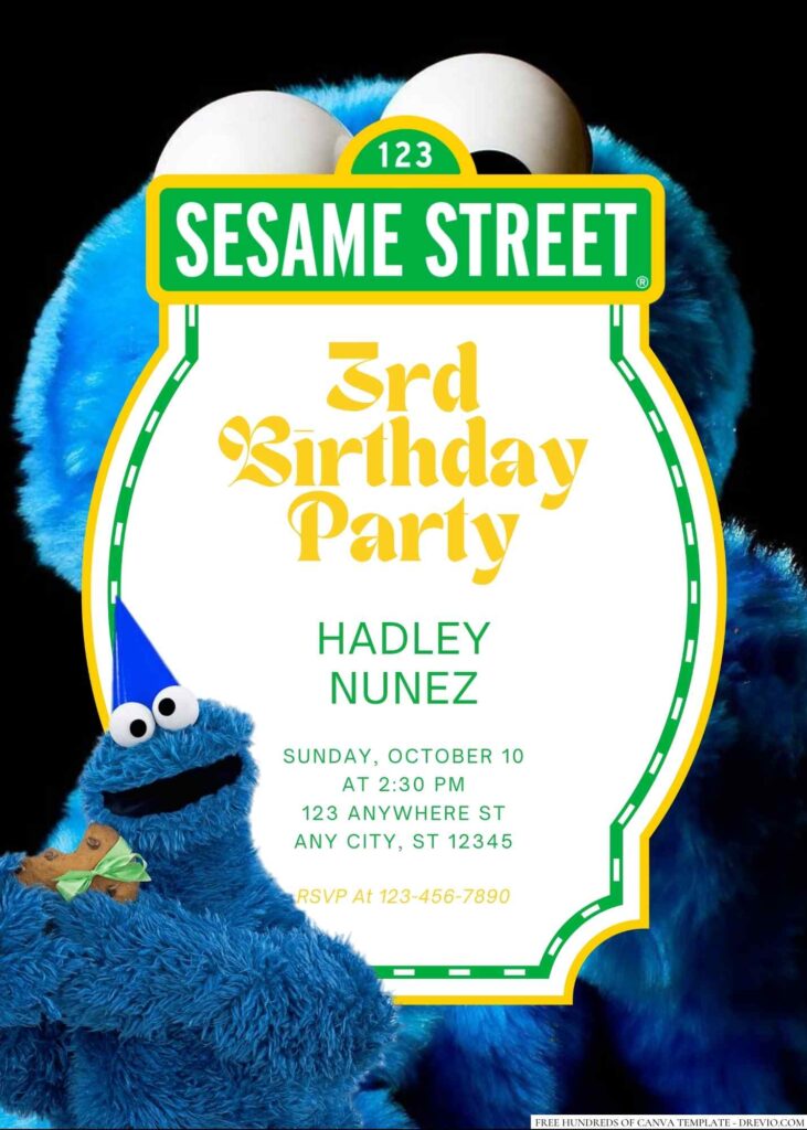 Free Editable Cookie Monster from Sesame Street Birthday Invitation