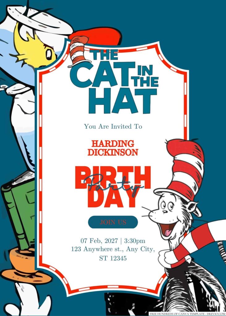 Free Editable The Cat in the Hat Birthday Invitation