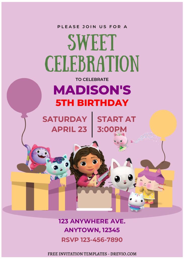 (Free Editable PDF Cute And Special Gabby's Dollhouse Birthday Invitation Templates C