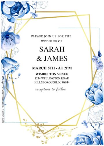 (Free Editable PDF) Geometric Powder Blue Flower Wedding Invitation ...