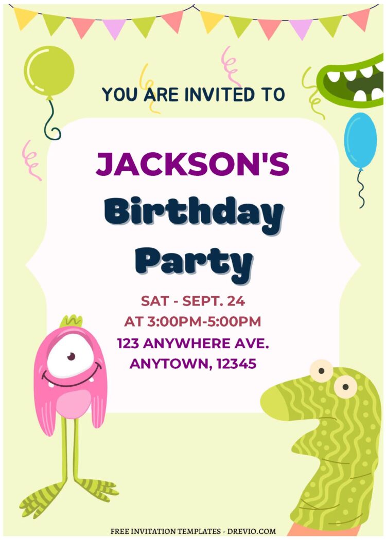 (free Editable Pdf) Colorful Little Monster Birthday Invitation 