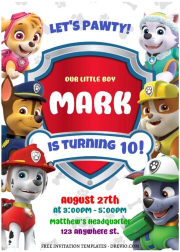 (Free Editable PDF) The Mighty Puppy PAW Patrol Birthday Invitation ...