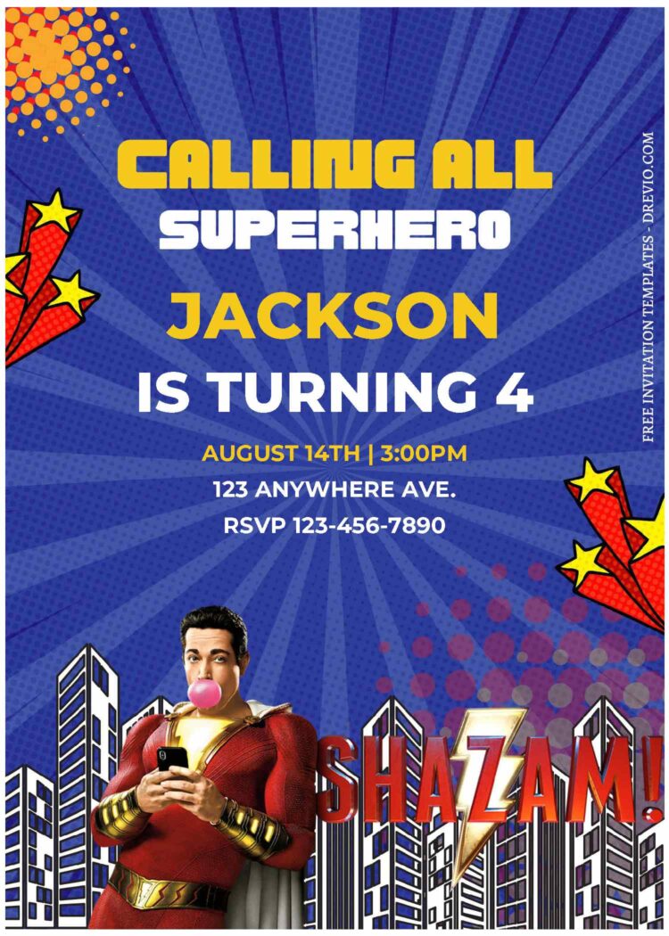 (Free Editable PDF) DC Superhero Shazam Birthday Invitation Templates ...