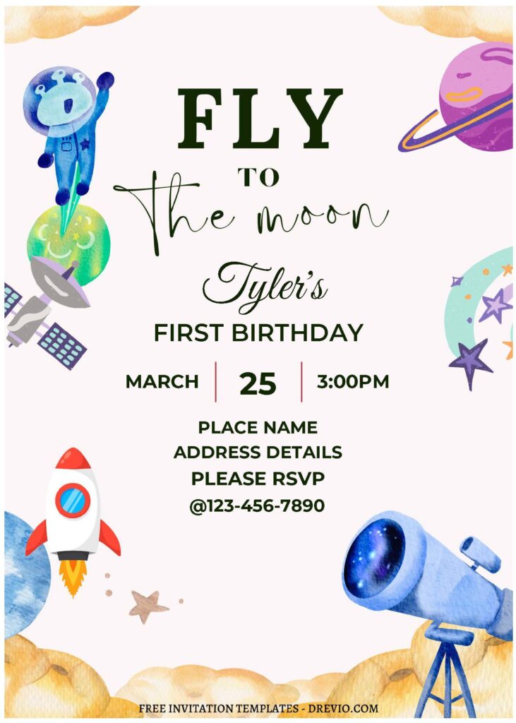(Free Editable PDF) Fly To The Moon Space Theme Birthday Invitation Templates A