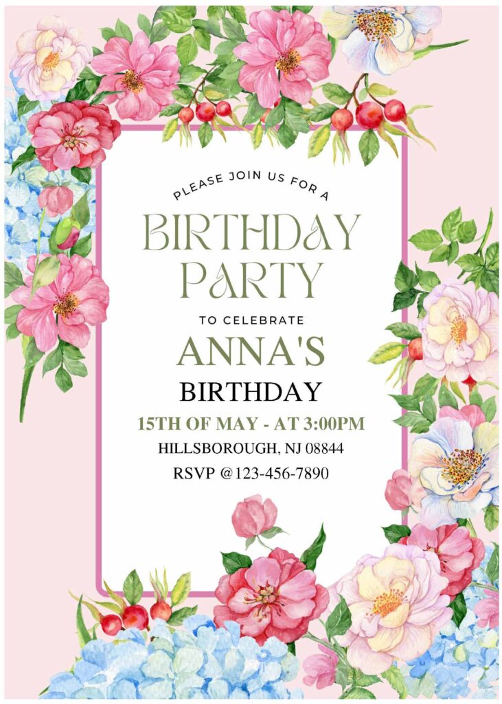 (Free Editable PDF) Majestic Floral Edge Birthday Invitation Templates B