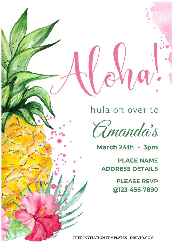 (Free Editable PDF) Aloha Summer Tropical Pineapple Birthday Invitation Templates C