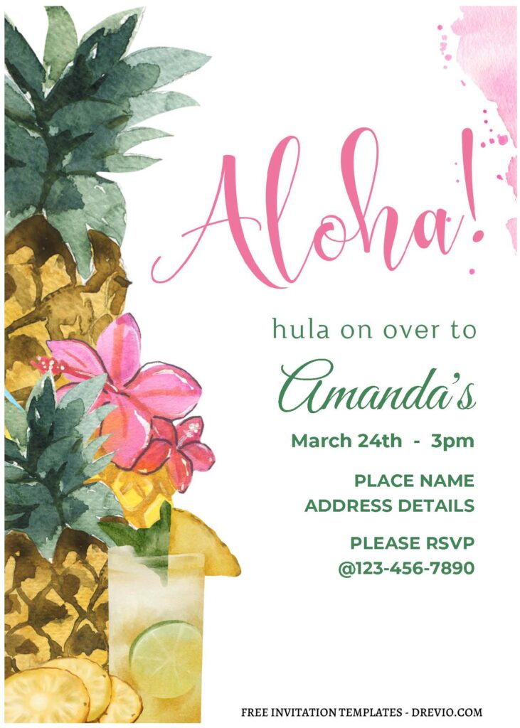 (Free Editable PDF) Aloha Summer Tropical Pineapple Birthday Invitation Templates A