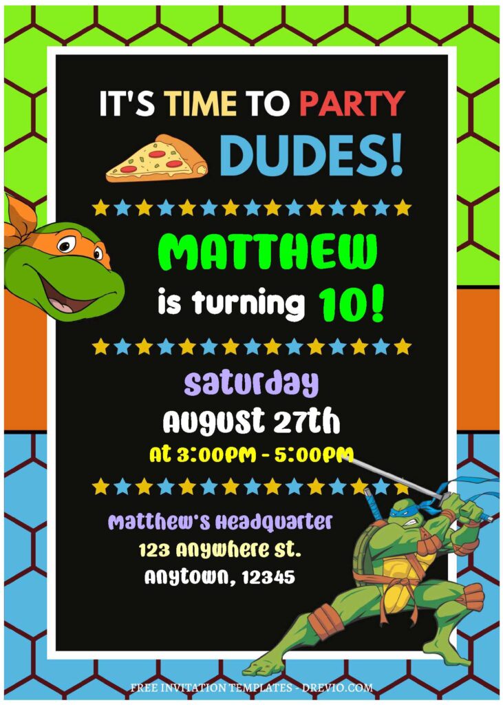 (Free Editable PDF) Epic Mutant Mayhem TMNT Birthday Invitation Templates with cute lime green and sky blue background