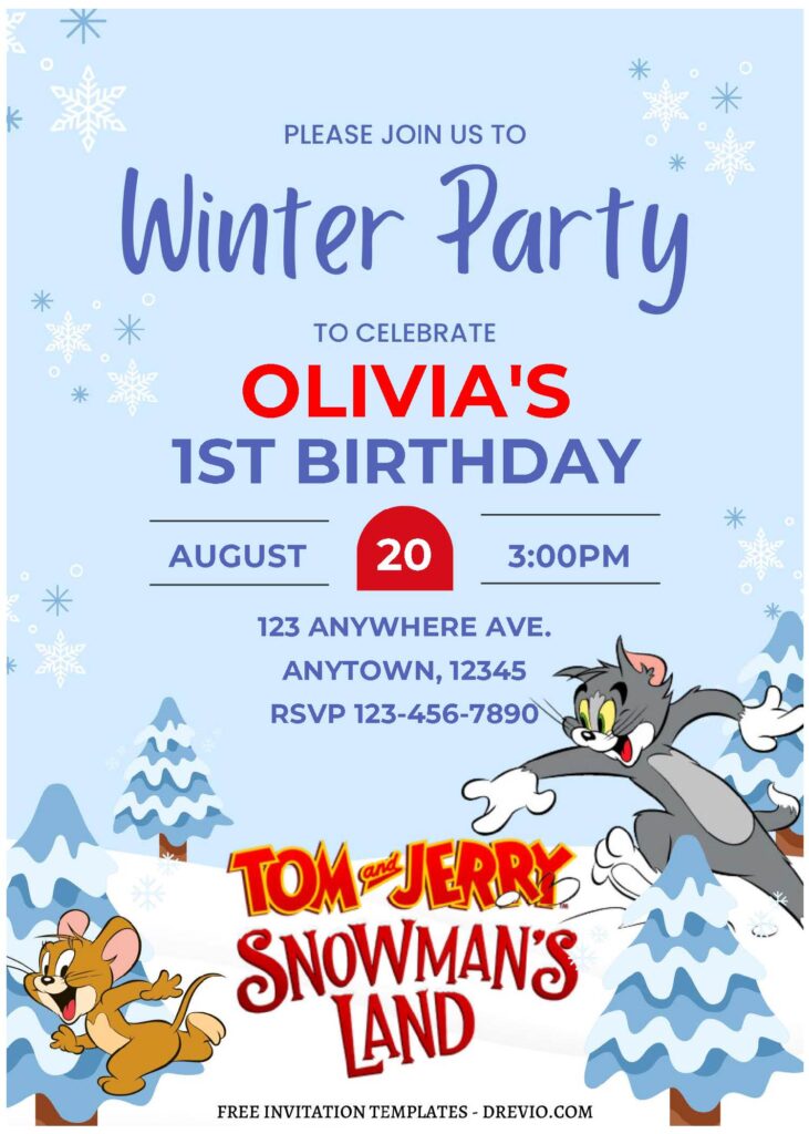 (Free Editable PDF) Festive Tom And Jerry Snowman's Land Birthday Invitation Templates C