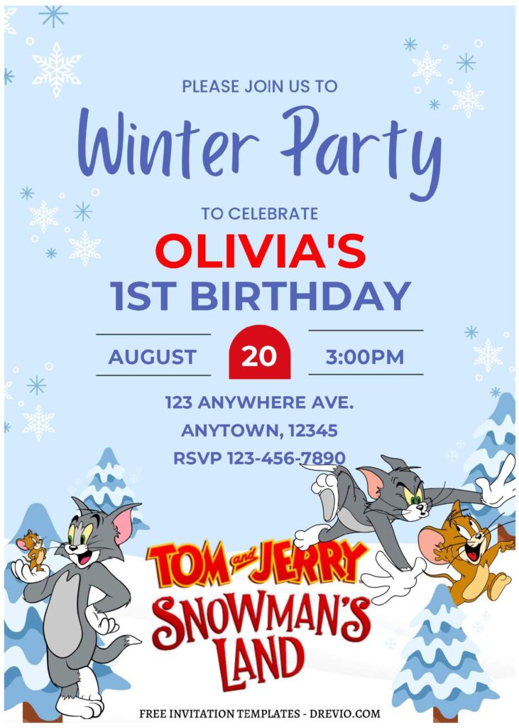 (Free Editable PDF) Festive Tom And Jerry Snowman's Land Birthday Invitation Templates A