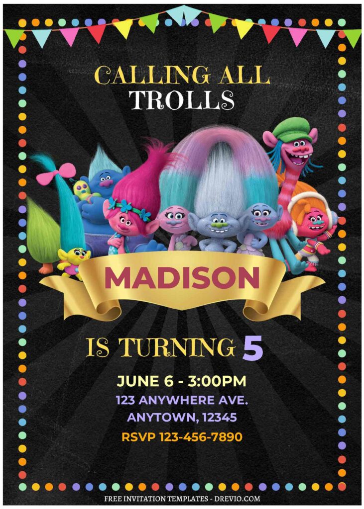 (Free Editable PDF) Colorful Trollstopia Birthday Invitation Templates C