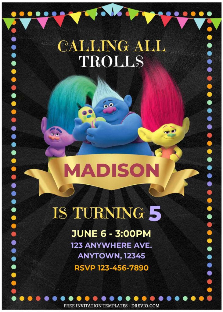 (Free Editable PDF) Colorful Trollstopia Birthday Invitation Templates A