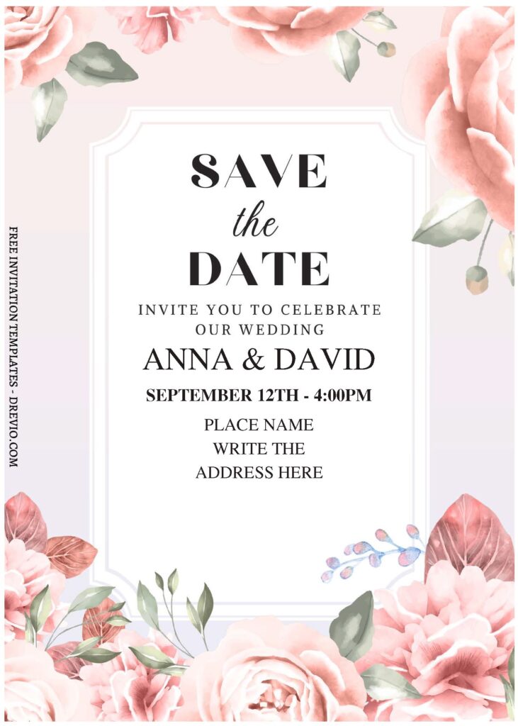 (Free Editable PDF) Purely Romantic Blush Floral Wedding Invitation Templates B