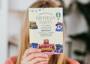 (Free Editable PDF) Mighty Express Train Kids Birthday Invitation Templates
