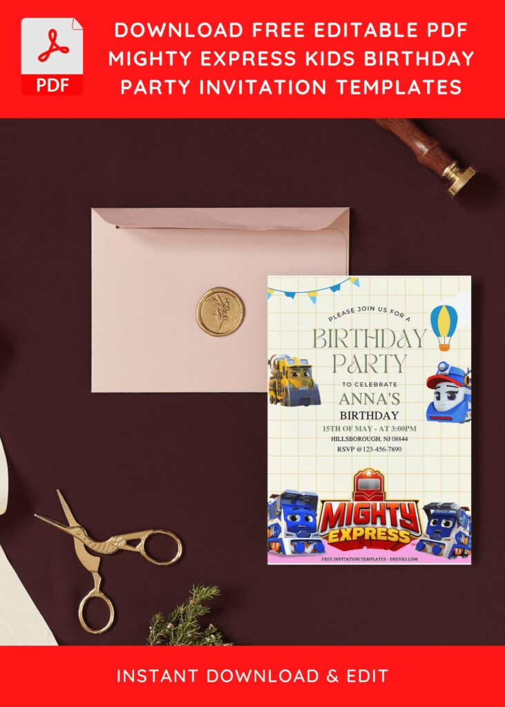 (Free Editable PDF) Mighty Express Train Kids Birthday Invitation Templates I