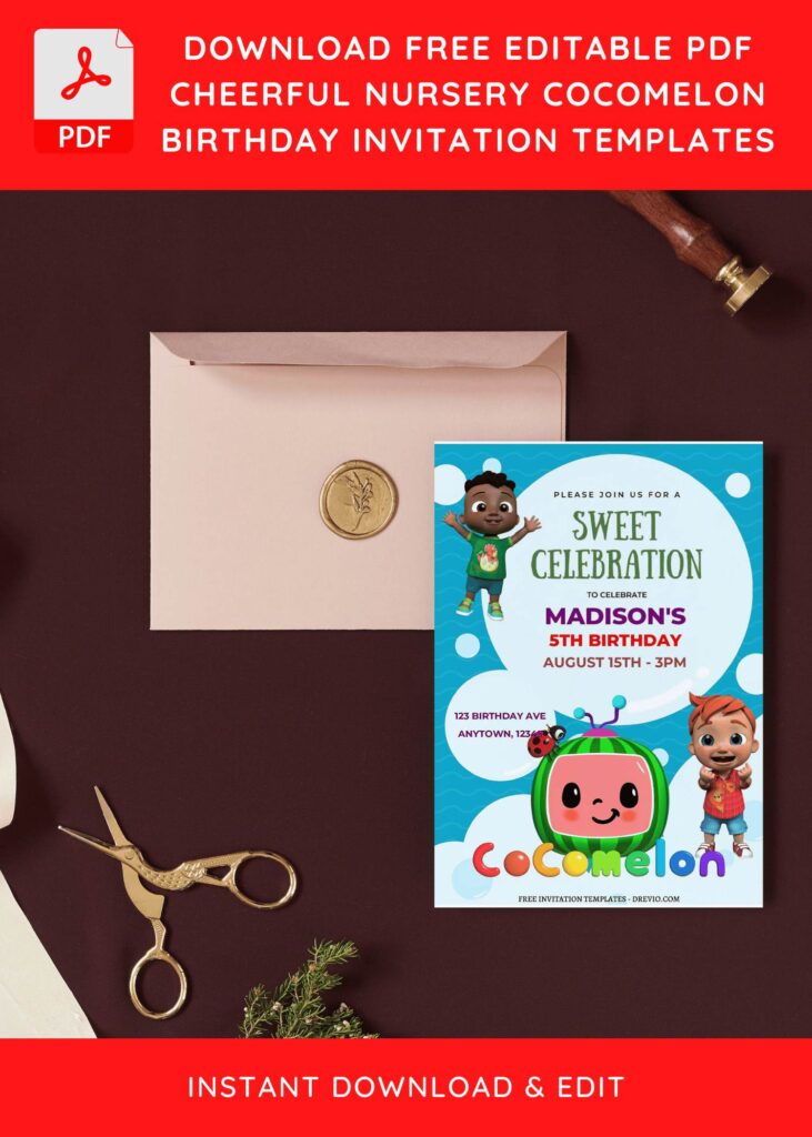 (Free Editable PDF) Cheerful Cocomelon Birthday Invitation Templates I
