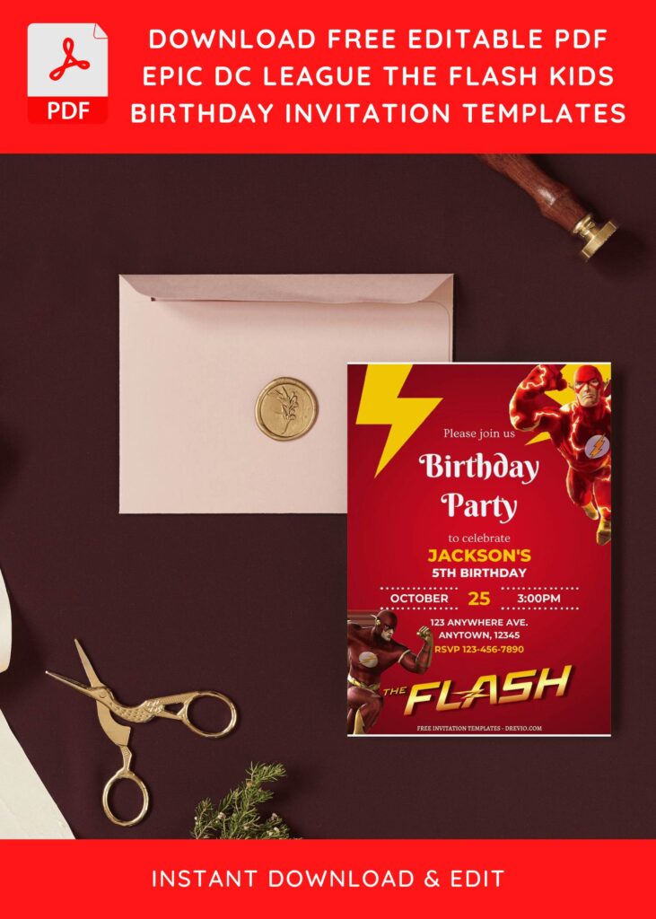 (Free Editable PDF) Scarlet Speedster The Flash Birthday Invitation Templates II