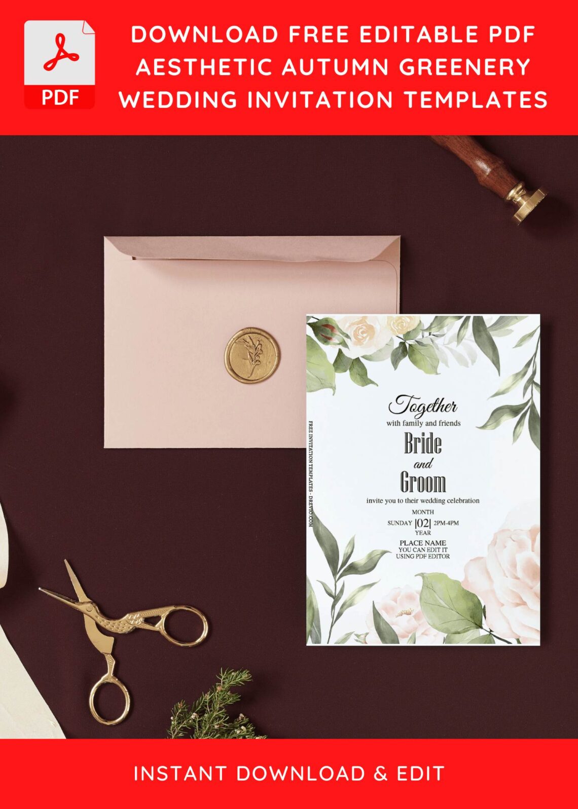 (Free Editable PDF) Autumn Floral And Greenery Wedding Invitation Templates I