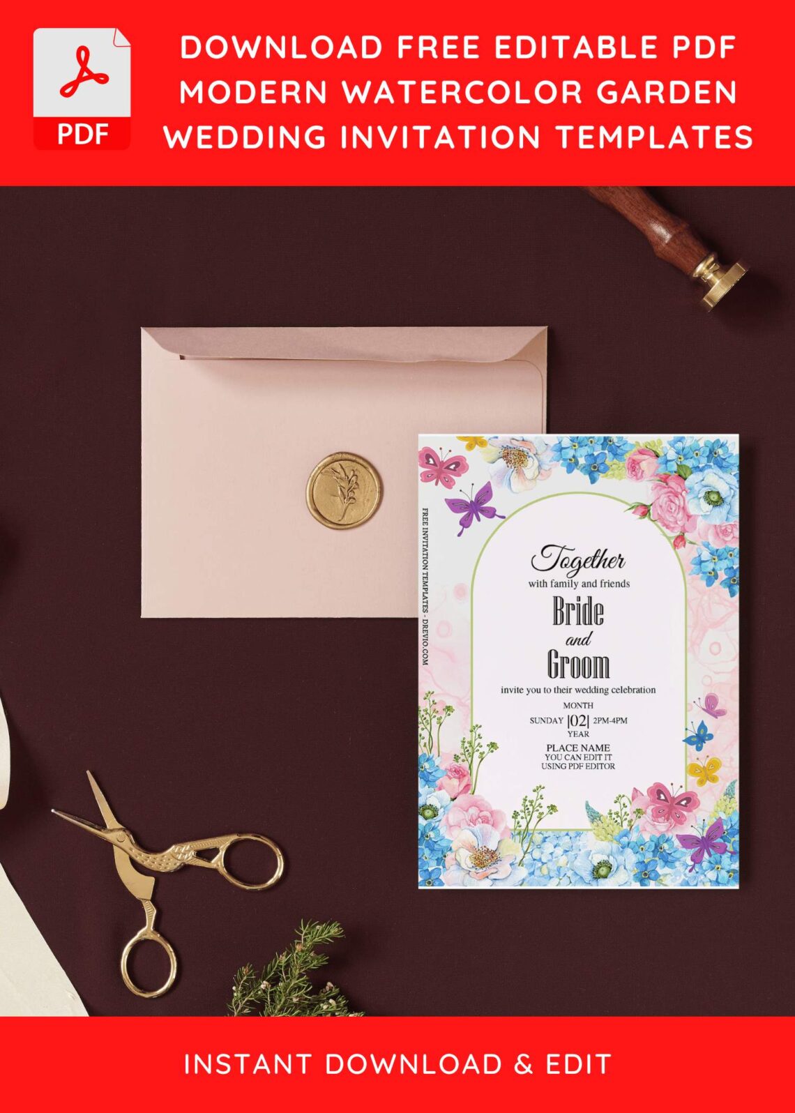 (Free Editable PDF) Gorgeous Butterfly Garden Wedding Invitation Templates I