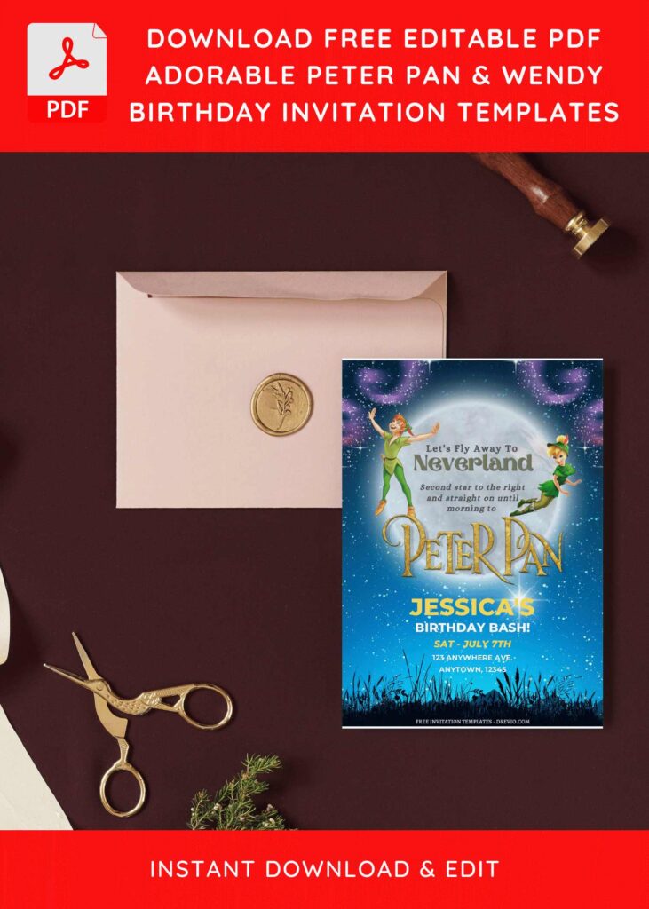 (Free Editable PDF) Adorable Peter Pan & Wendy Birthday Invitation Templates I