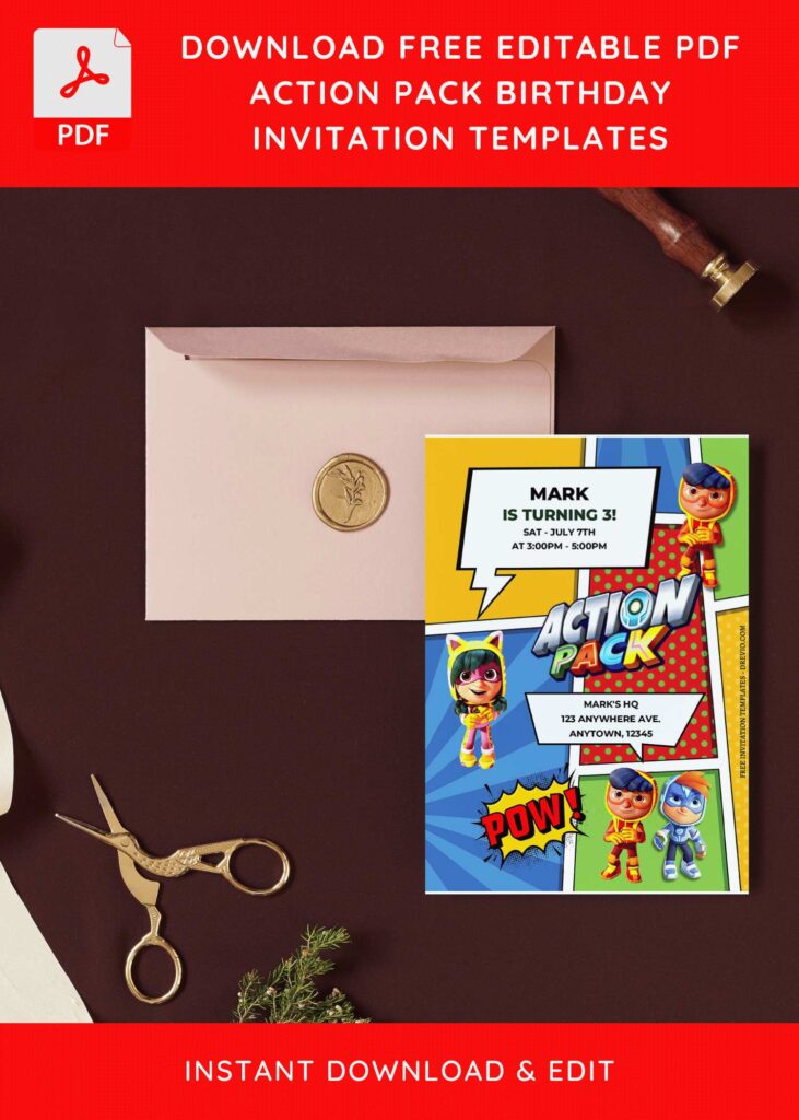 (Free Editable PDF) Action Pack Superhero Birthday Invitation Templates I