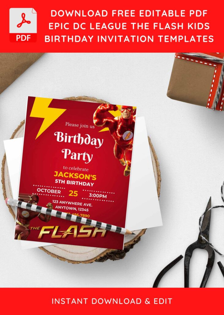 (Free Editable PDF) Scarlet Speedster The Flash Birthday Invitation Templates with cool cartoon the flash