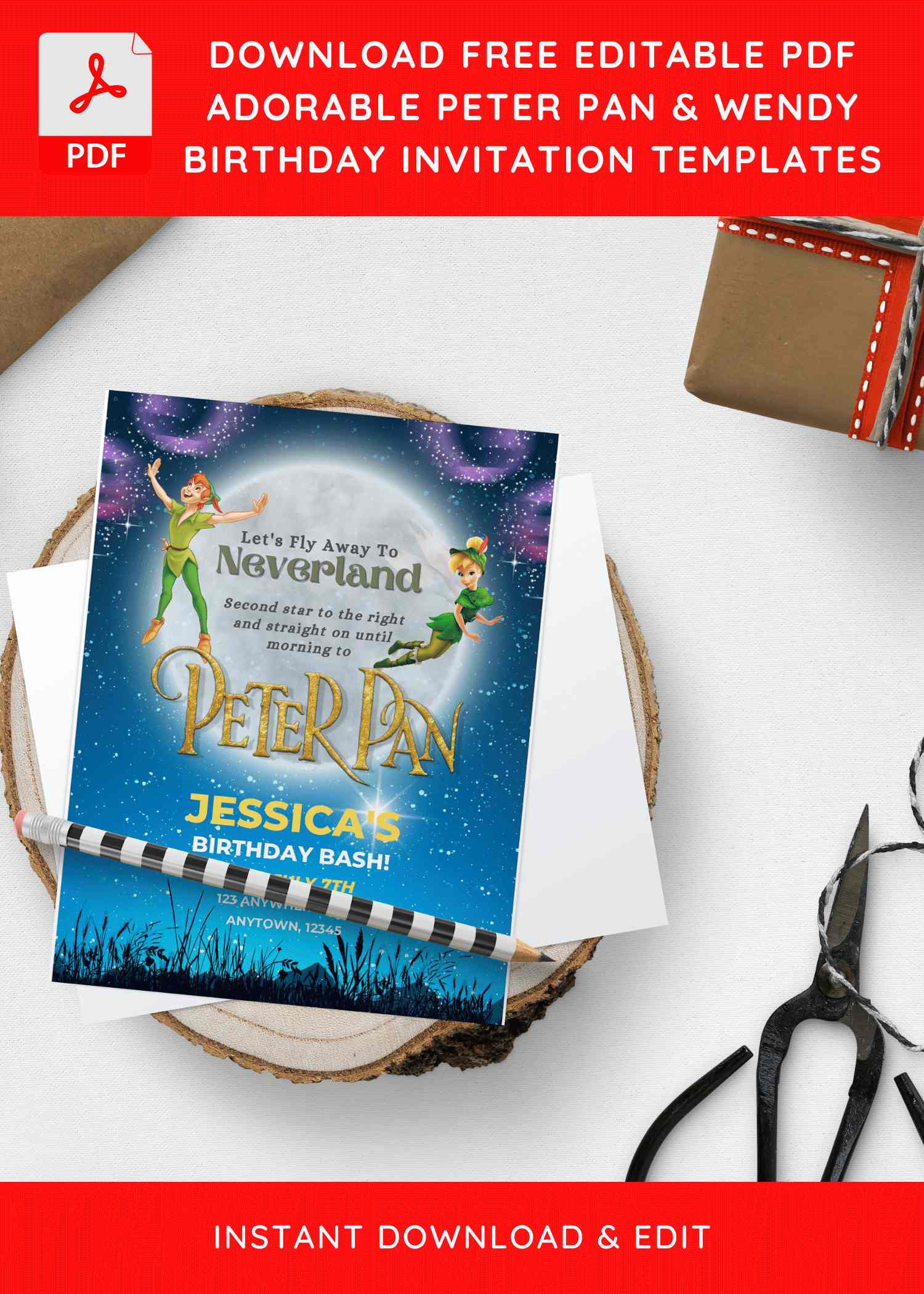 Free Editable PDF) Adorable Peter Pan & Wendy Birthday Invitation