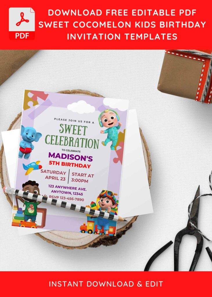 (Free Editable PDF) Nursery Cocomelon Birthday Invitation Templates H