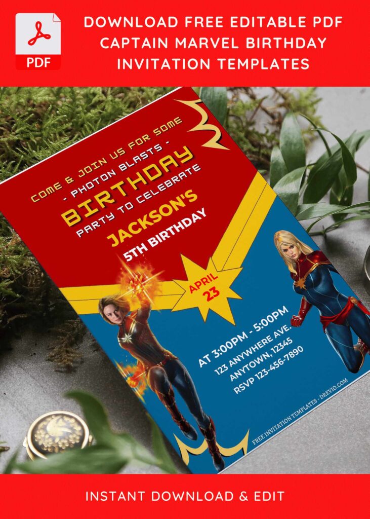 (Free Editable PDF) Captain Marvel Birthday Invitation Templates F