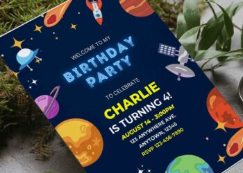 (Free Editable PDF) Adorable Space Themed Kids Birthday Invitation Templates