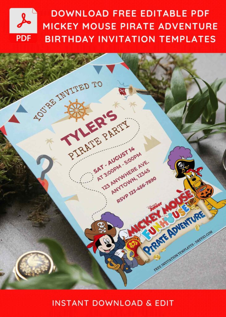 Invitation Template of (Free Editable PDF) Fun Mickey Mouse Pirate Adventure Birthday Invitation Templates 4