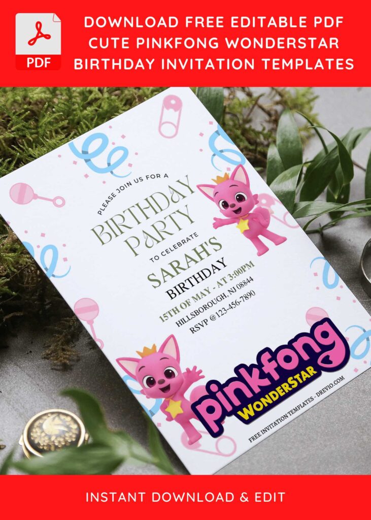 (Free Editable PDF) Lovely Pinkfong Wonderstar Birthday Invitation Templates with pinkfong logo