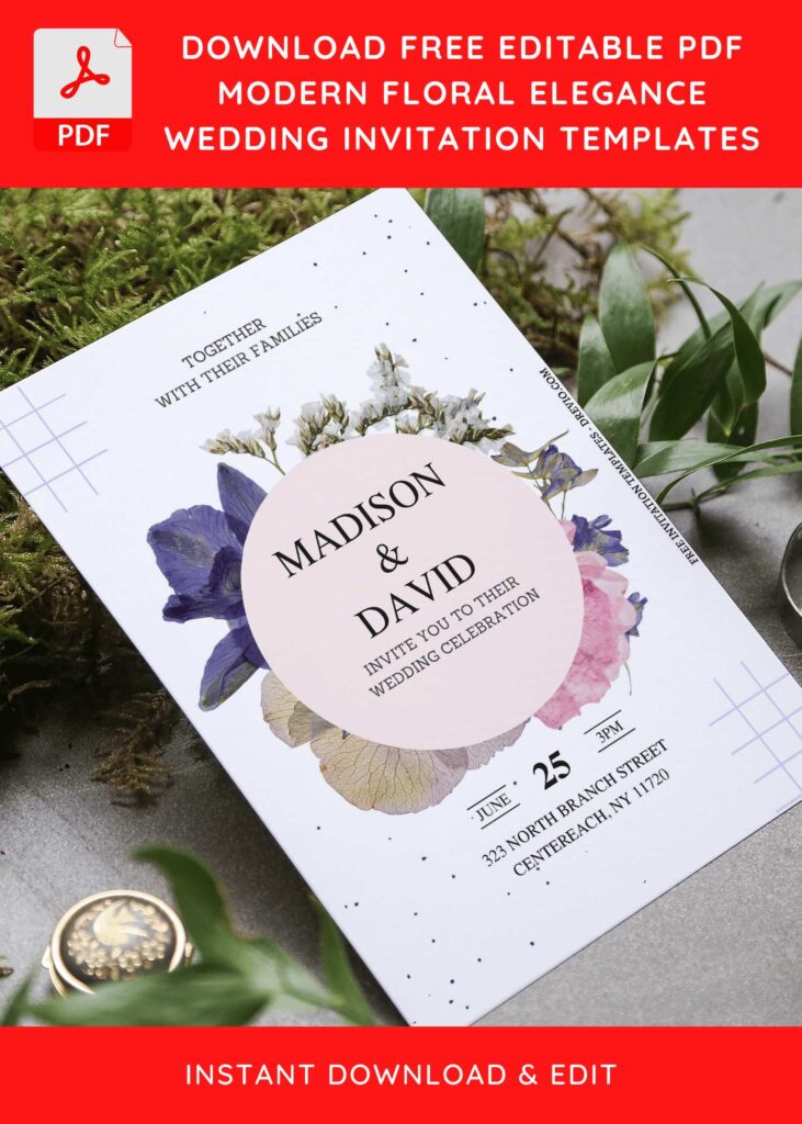 (Free Editable PDF) Modern Floral Elegance Wedding Invitation Templates with stock white background