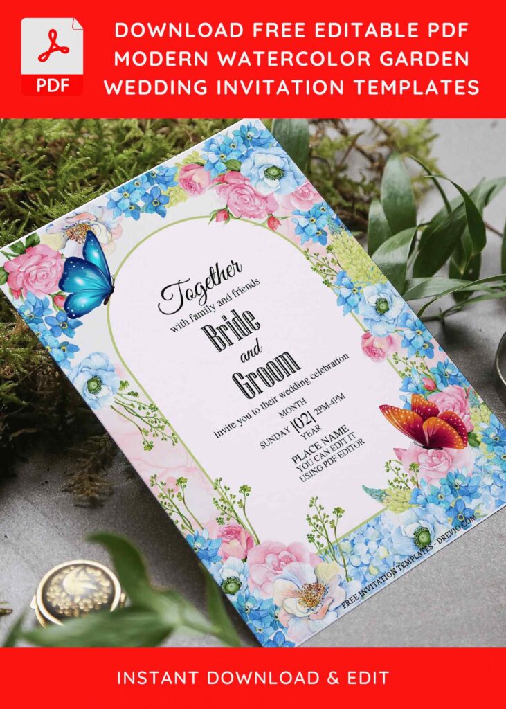 (Free Editable PDF) Gorgeous Butterfly Garden Wedding Invitation Templates with aesthetic magnolia