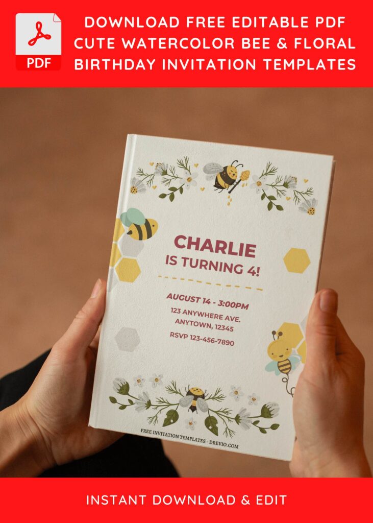 (Free Editable PDF) Cute Bumble Bee Birthday Invitation Templates E