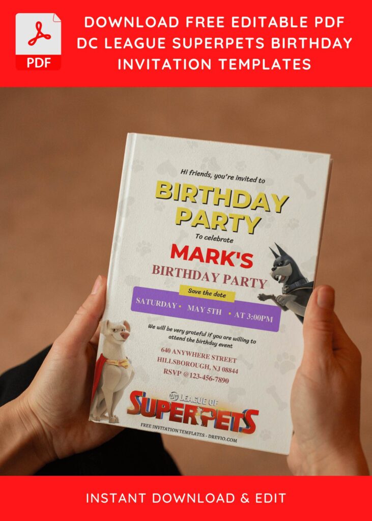 (Free Editable PDF) DC League SuperPets Birthday Invitation Templates E