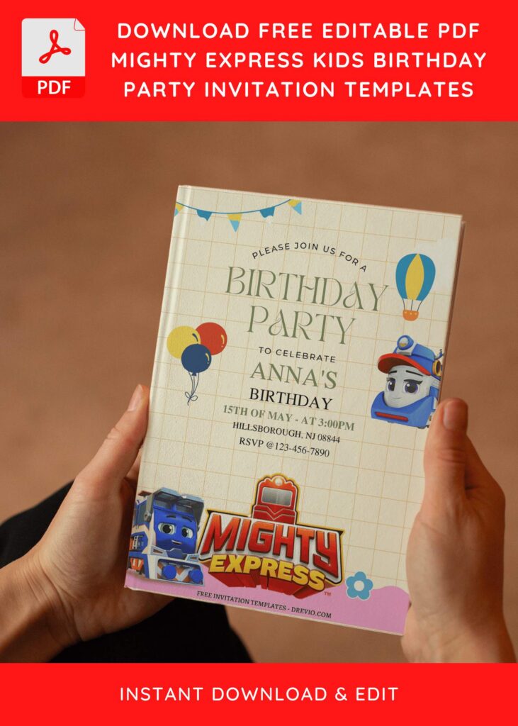 (Free Editable PDF) Mighty Express Train Kids Birthday Invitation Templates E