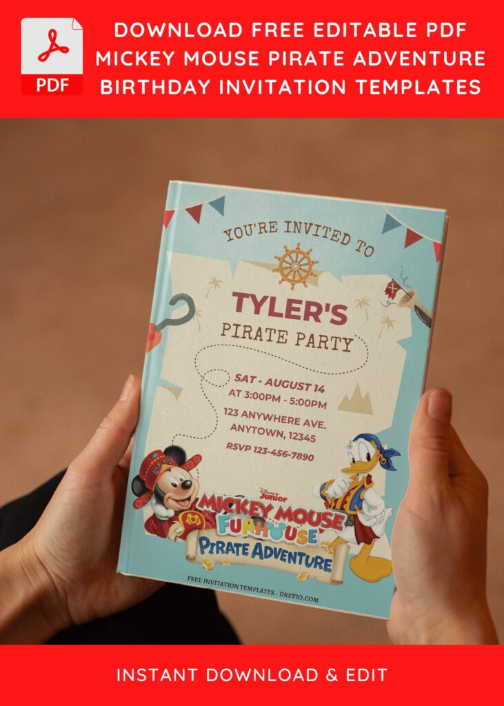 (Free Editable PDF) Fun Mickey Mouse Pirate Adventure Birthday Invitation Templates E