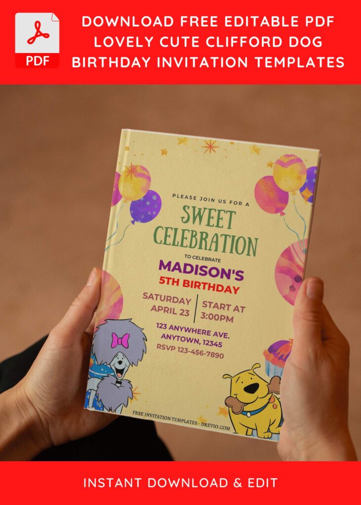 (Free Editable PDF) Lovely Cute Clifford The Big Dog Birthday Invitation Templates E