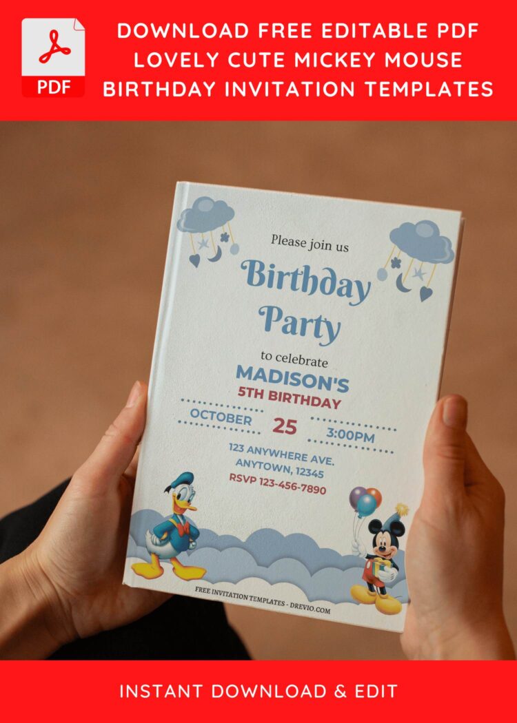 (Free Editable PDF) Lovely Cute Mickey Mouse Birthday Invitation ...