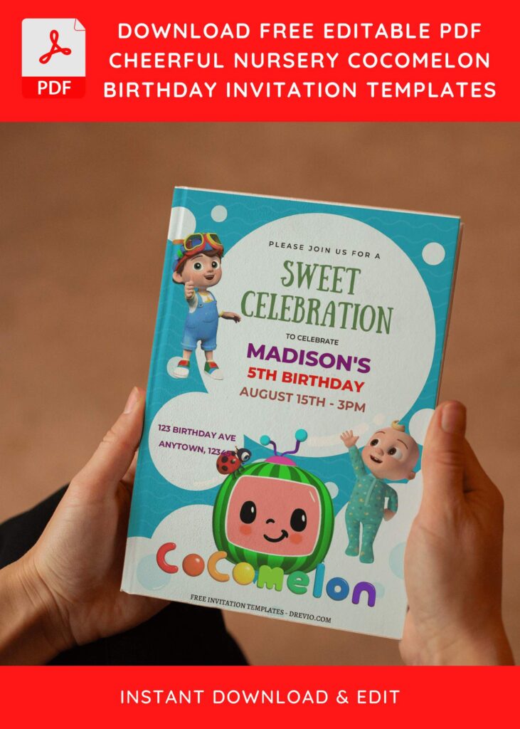 (Free Editable PDF) Cheerful Cocomelon Birthday Invitation Templates E