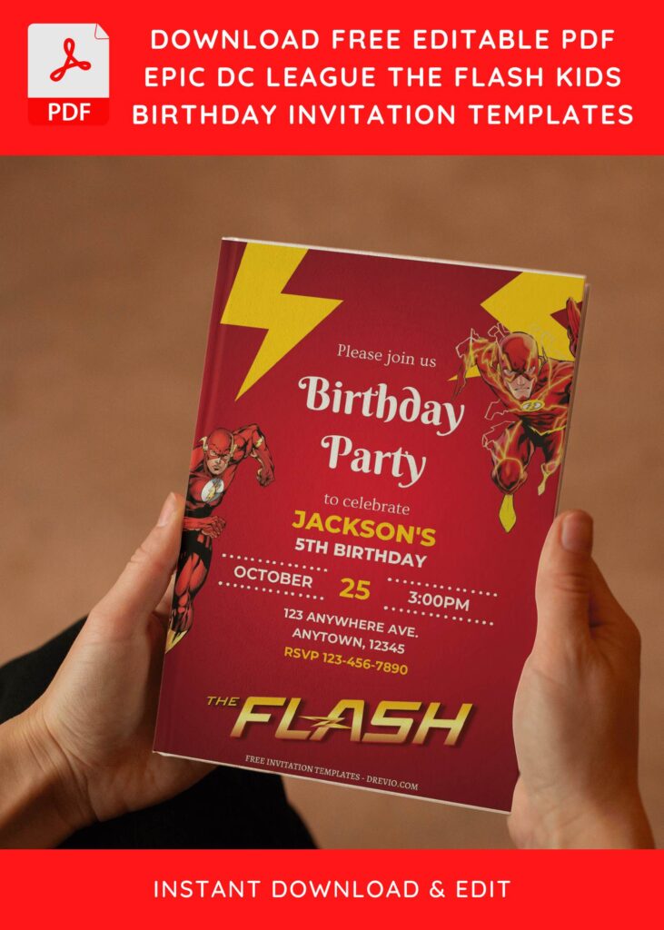 (Free Editable PDF) Scarlet Speedster The Flash Birthday Invitation Templates E