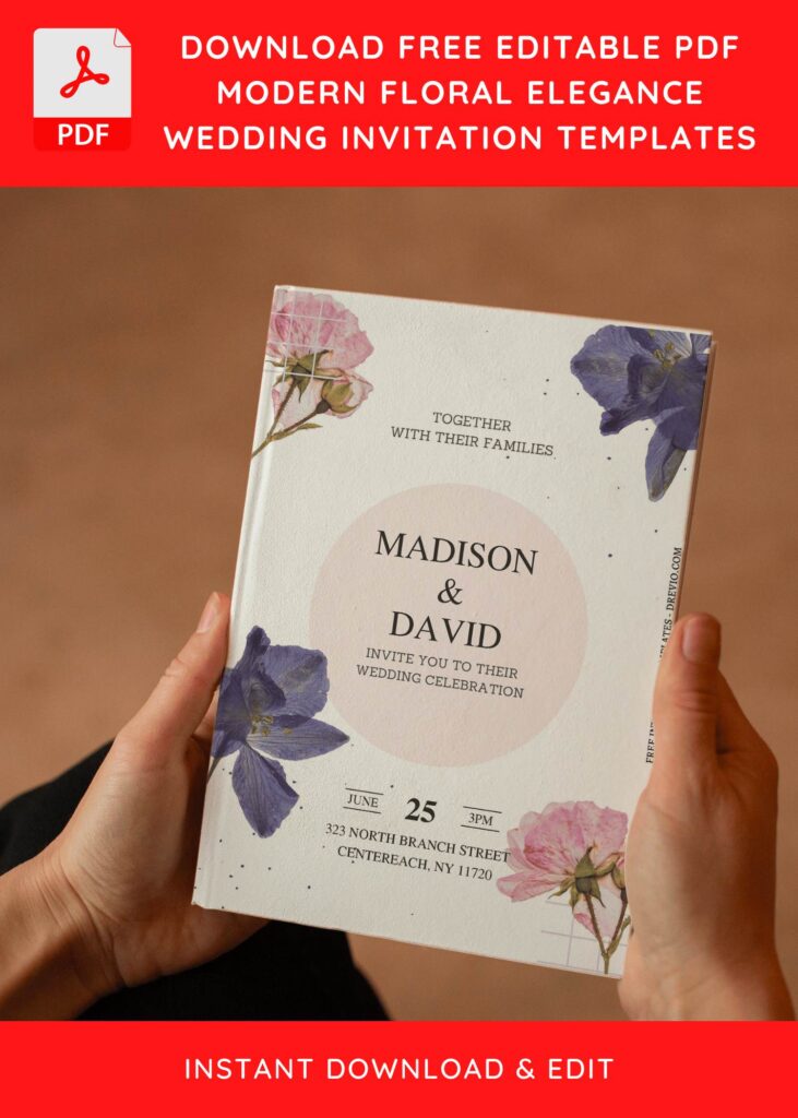 (Free Editable PDF) Modern Floral Elegance Wedding Invitation Templates E