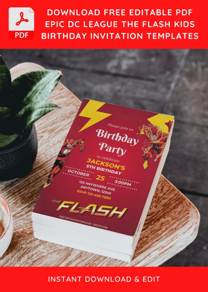 (Free Editable PDF) Scarlet Speedster The Flash Birthday Invitation Templates with catchy wording