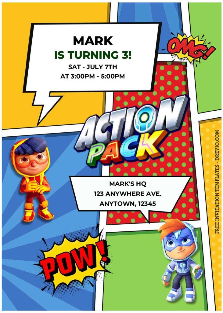 (Free Editable PDF) Action Pack Superhero Birthday Invitation Templates C