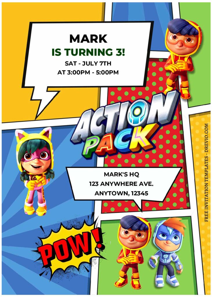 (Free Editable PDF) Action Pack Superhero Birthday Invitation Templates A