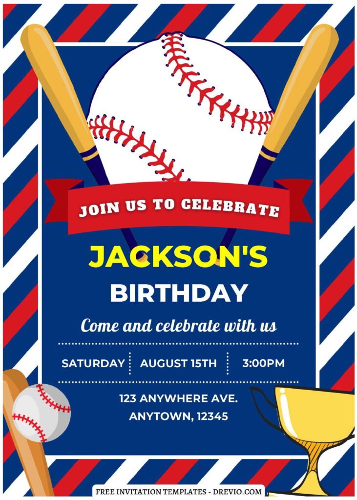 (Free Editable PDF) Baseball MVP Birthday Invitation Templates with cute striped background