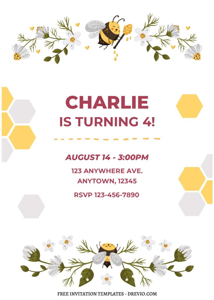 (Free Editable PDF) Cute Bumble Bee Birthday Invitation Templates C