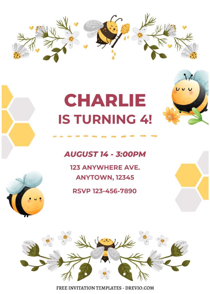 (Free Editable PDF) Cute Bumble Bee Birthday Invitation Templates A