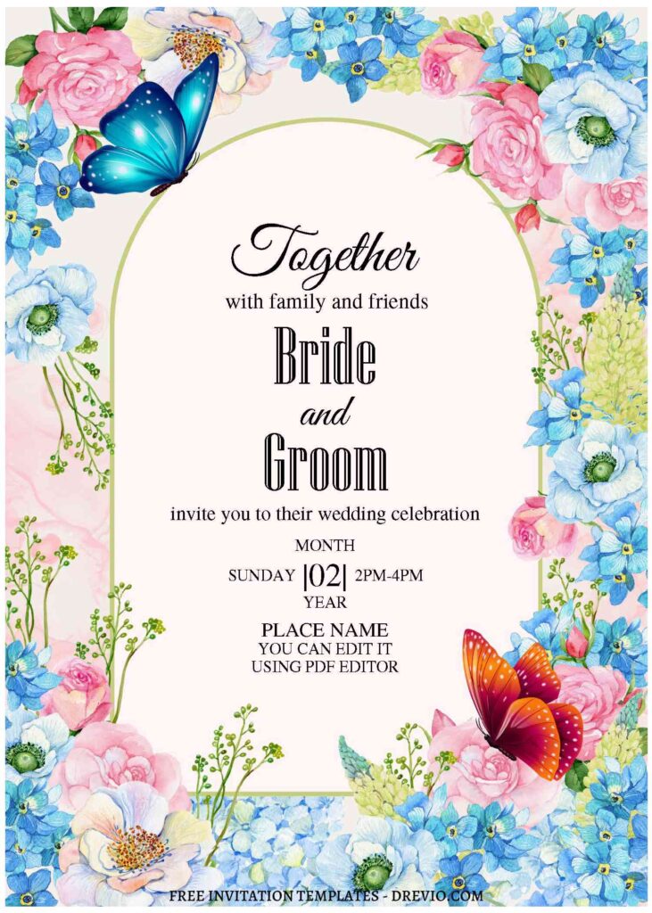 (Free Editable PDF) Gorgeous Butterfly Garden Wedding Invitation Templates with purple butterfly